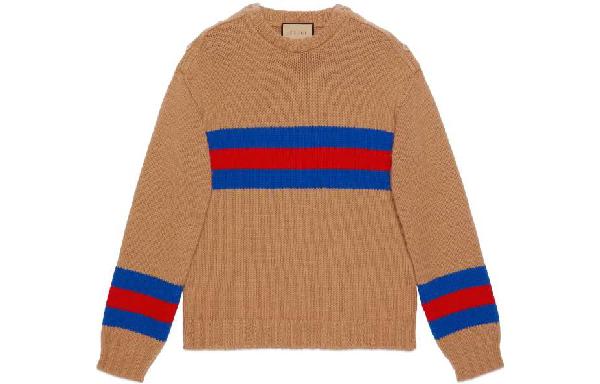 GUCCI FW23 Striped Embroidered Sweater Camel