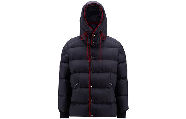 Moncler SS22 Jacquard Logo Hoodie Down Jacket Navy Blue