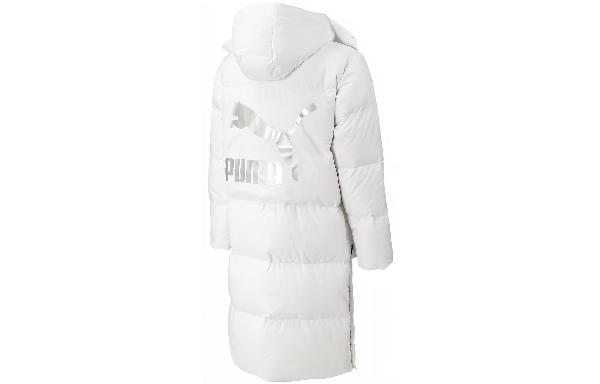 PUMA Logo Print Long Down Jacket White