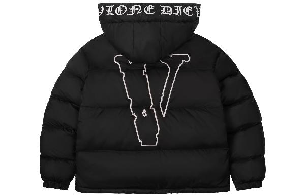 VLONE Slogan Logo Detachable Hood Puffer Jacket Black White