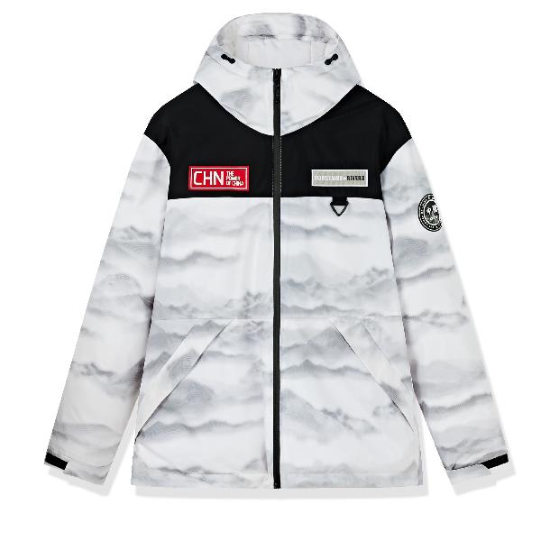 乔丹 男子训练系列 保暖防水连帽休闲运动羽绒服 男款 雪山印花/黑色