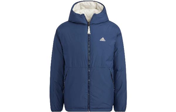 adidas Logo Print Hooded Down Jacket Blue