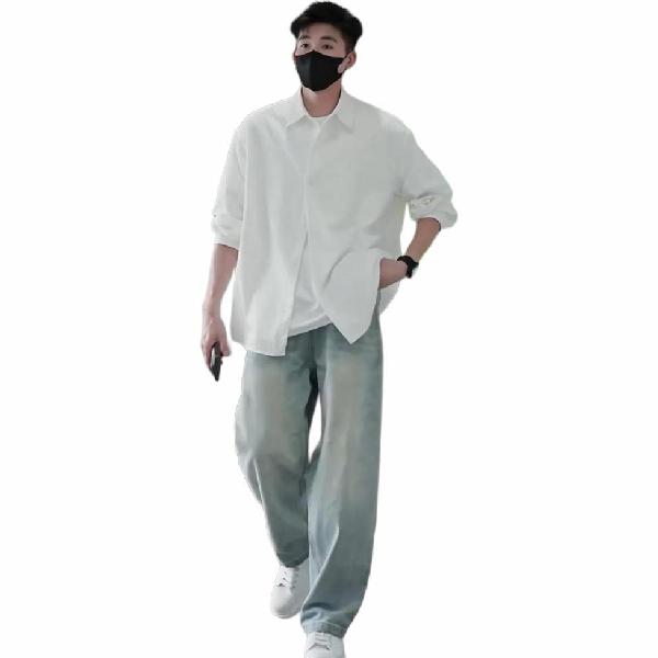 沃马 宽松直筒休闲美式高街弯刀水洗做旧通勤垂感微喇学院风流行简约牛仔裤 男款 浅蓝色