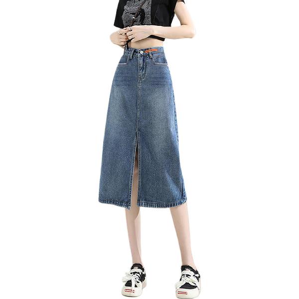 惟熙 开衩半身裙高腰半身裙宽松学院遮胯包臀裙牛仔长裙 女款 蓝色