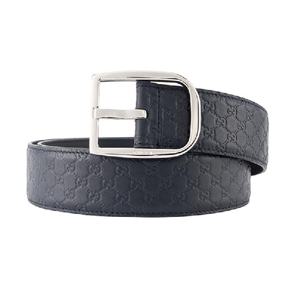 GUCCI Double G Embossed Belt Silver Buckle Navy