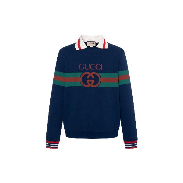 GUCCI SS23 Striped Lettering Sweatshirt Navy